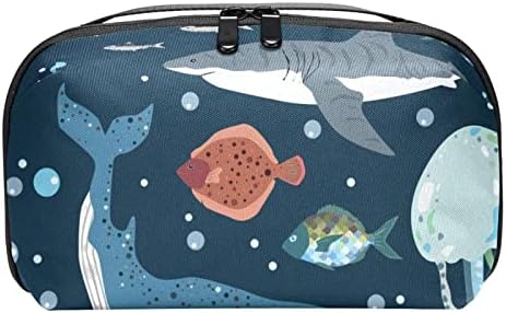 נשיאת תיק נסיעות שקית נסיעות USB מארגן כבלים לכיס ארנק רוכסן בכיס, מדוזות חיה ים מצוירת של כריש