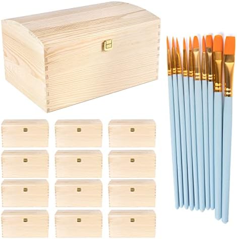ג'ונטוס 12 חבילות קופסת עץ לא גמורה עם מברשות צבע 10 יחידות, קופסת עץ עם מכסה צייר אורן טבעי קופסאות