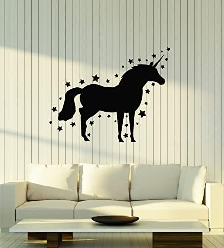 מדבקות קיר ויניל חד -קרן צללית סוס כוכבי סוס לילדים מדבקות חדר קיר עיצוב גדול שחור