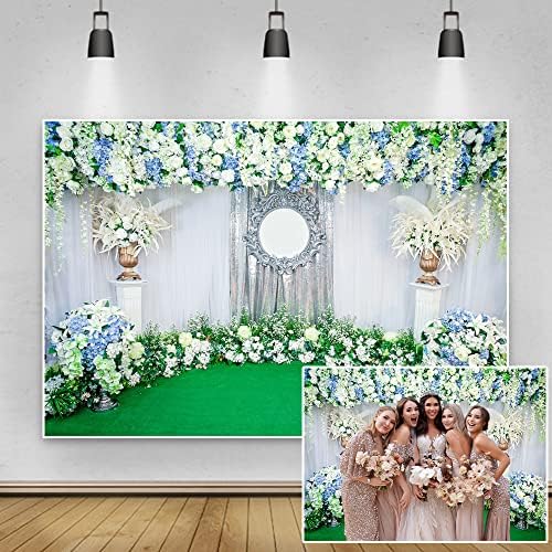יייל 10 על 8 רגל חתונה פרחוני וילון רקע כחול לבן אור פרחים לבן וילון ירוק דשא צילום רקע עבור רומנטי חתונה