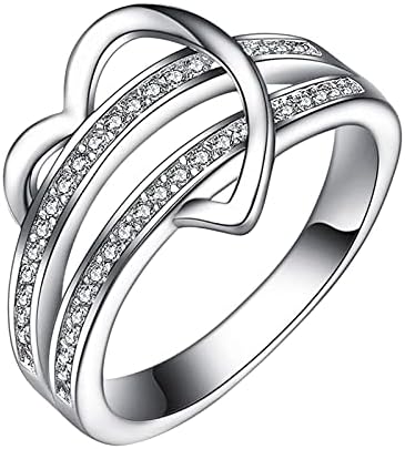 שורה כפולה ייחודית חצי לב טבעת מכסף מלאכותי זירקון טבעת כלה מתנות מתנות לנשים