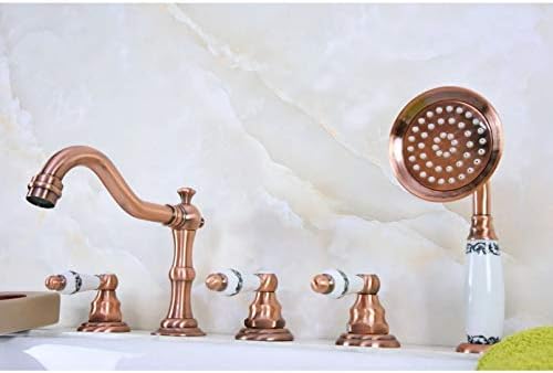 סיפון פליז נחושת אדום עתיק 5 חורים מיקסר אמבטיה ברז ברז כף יד מקלחת נרחבת ברז אמבטיה ברז אגן ברז
