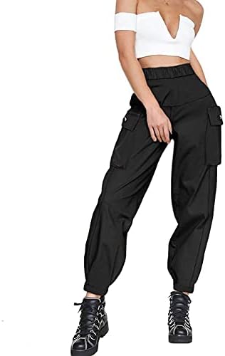 מכנסי מטען לנשים GuyueQiqin, מזדמנים בצבע אחיד חיצוני אלסטי גבוה מותניים גבוהים מכנסי אימון עם כיסים