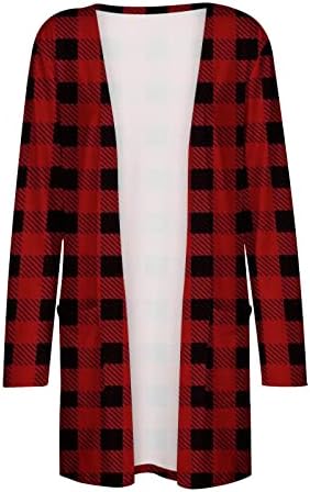 קרדיגן משובץ פלנל קדמי פתוח לנשים ז'קט מזדמן שרוול ארוך דש מעיל כיס מעיל ארוך חולצה רופפת
