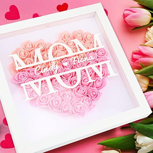אימא מותאמת אישית קופסת צל פרחים עם שמות שמורים פרח ורד קופסת צל קופסת לב מותאם אישית מונוגרמה שם מסגרת
