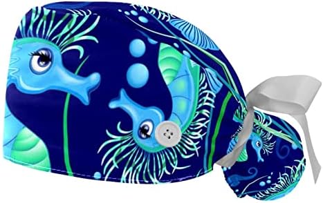 כובע העבודה של נשים עם כפתורים עם כפתורים קושרים קשירה לאחור אוקיינוס ​​מתחת למים סוס ים כחול שיער ארוך