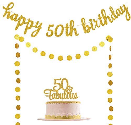 קישוטים ליום הולדת 50 רוז זהב- באנר יום הולדת 50 שמח וחמישים עוגות 50 וזקיק נקודות לקישוטים ליום הולדת