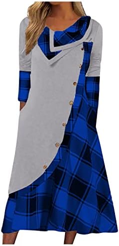 נשים של טרנדי בגדי אופנה משובץ תפרים כפתור כיסי ערימת צוואר ארוך שרוול שמלת סתיו תלבושות