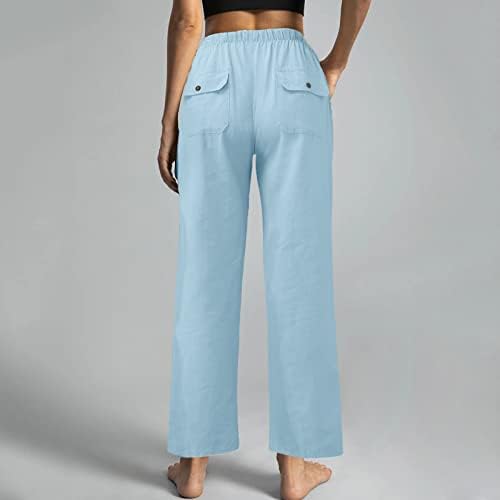 מכנסי חוף פשתן של קנגמון נשים בנשים מזדמנים צבע אחיד כיסים רופפים מכנסי מותניים חגורה אלסטית מכנסי נשים