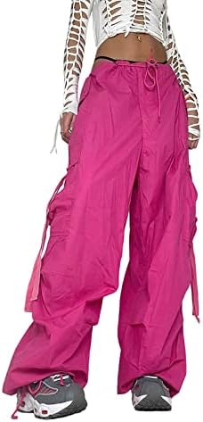 VIATABUNA נשים Y2K מכנסי מטען רחבים אלסטיים מותניים גבוהים משיכת רגל רחבה ישר מכנסיים מכנסי טרנינג