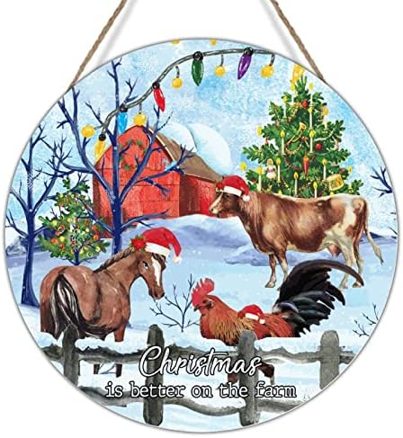 חג המולד טוב יותר בחווה עץ עץ פלאק חורף שלג אדום אסם אדום חווה קישוט בעלי חיים שלט עץ שלט חג המולד שלט דלת ברכה
