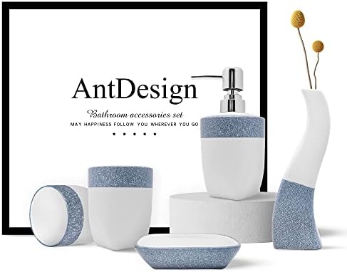 סט אביזרים לחדר אמבטיה כחול אנט -עיצוב 5 מחשבים, כולל מתקן סבון משאבות ידיים, צלחת סבון, מחזיק מברשת שיניים