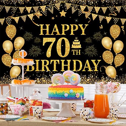 70 יום הולדת קישוטים שמח 70 יום הולדת באנר לגברים נשים שחור זהב 70 שנים מסיבת יום הולדת קישוטים