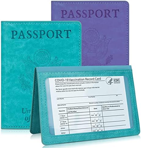 2 מארז דרכון וחיסון כרטיס מחזיק משולבת-דרכון מחזיק עם חיסון כרטיס חריץ עמיד למים, סינטטי עור דרכון