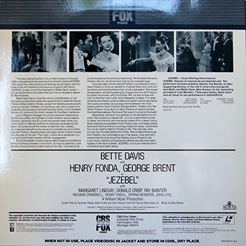 Jezebel * דיסק לייזר Laserdisc * בכיכובו של בט דייויס - הנרי פונדה - ג'ורג 'ברנט