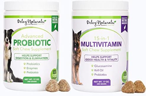 Deley Naturals Probiotics + 15 ב 1 מולטי ויטמין לכלבים, 2 x 120 עוף עוף ללא תבואה, תוצרת פינוקים של