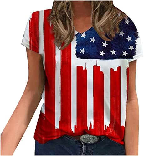 חולצות דגל אמריקאיות מודפסות לנשים, 2023 צמרות פטריוטיות 4 ביולי חולצת קיץ שרוול קצר נגד חולצת טי צוואר