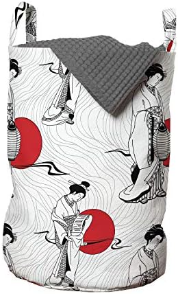 שק כביסה יפני, דפוס תרבותי עם אישה גיישה בתחפושת קימונו על רקע גלי מופשט, סל סל עם ידיות סגירת