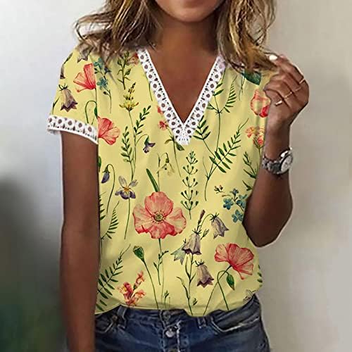 חולצות הקיץ של נשים מזדמנים פרחוני הדפסה בבאגי תחרה צווארון שרוול קצר מתאים יומי טיז רופף חולצות