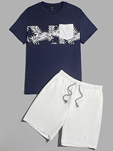 FIOXA תלבושות שני חלקים לגברים גברים הדפס טרופי טי ומכנסיים קצרים המותניים