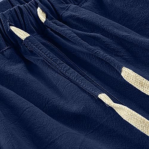 מכנסי מטען של Sinzelimin לגברים שורטים מזדמנים בצבע אחיד פשתן כותנה שבע נקודות מכנסיים גדולים וגבוהים