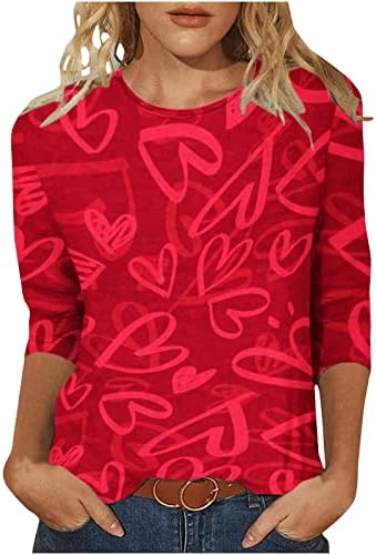 אהבה מודפסת לב חולצות לנשים אופנה 3/4 צמרות טוניקה שרוול טרנדיות ואלנטינים צווארון סוודר סוודר חולצה